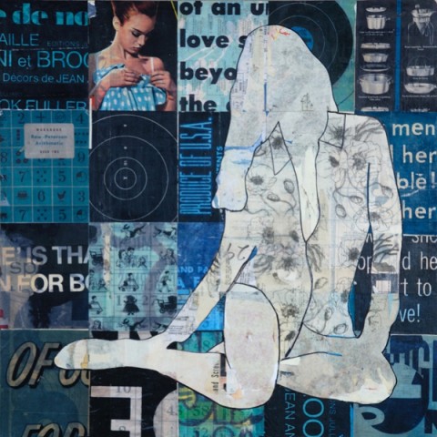 Maxwell_Blue_collage, wax & resin on panel_36x36 Blue by Jane Maxwell
