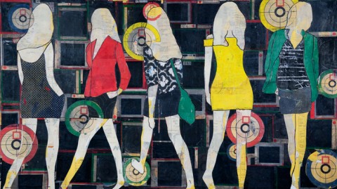 Maxwell_Walking Girls and Bullseyes_collage, wax and resin on panel_70x40 Walking Girls and Bullseyes by Jane Maxwell